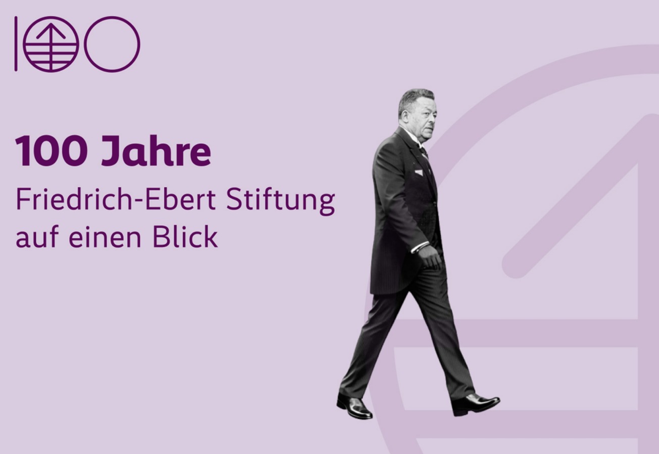 Portr&auml;t von Friedrich Ebert, dem ersten Reichspr&auml;sidenten der Weimarer Republik, daneben steht das Logo der FES-Stiftung und "100 Jahre Friedrich-Ebert-Stiftung auf einen Blick"