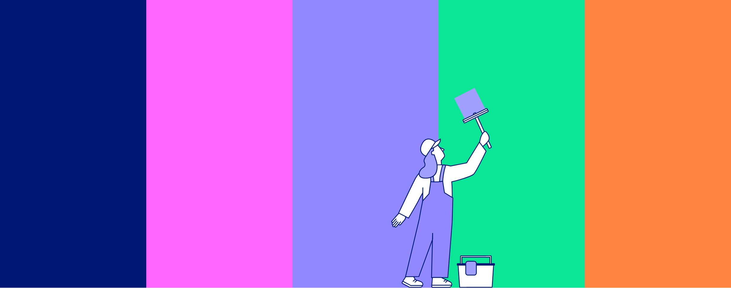 Zu sehen ist das Farbschema der Kampagne. Es sind fünf Farben: blau, pink, lila, grün und orange. Die Farben sind kräftig.