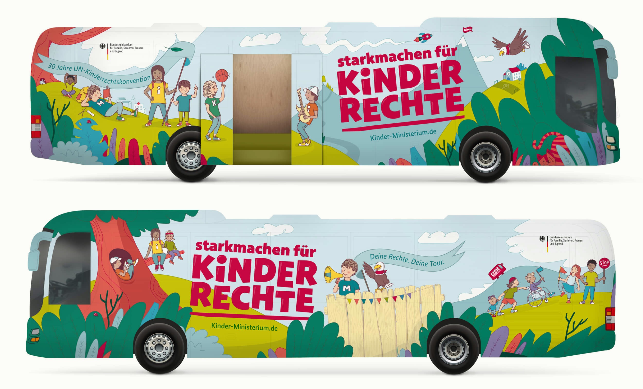 Das Bild zeigt die zwei Seiten eines langen Busses, designt im Look der Bustour f&uuml;r Kinderrechte.