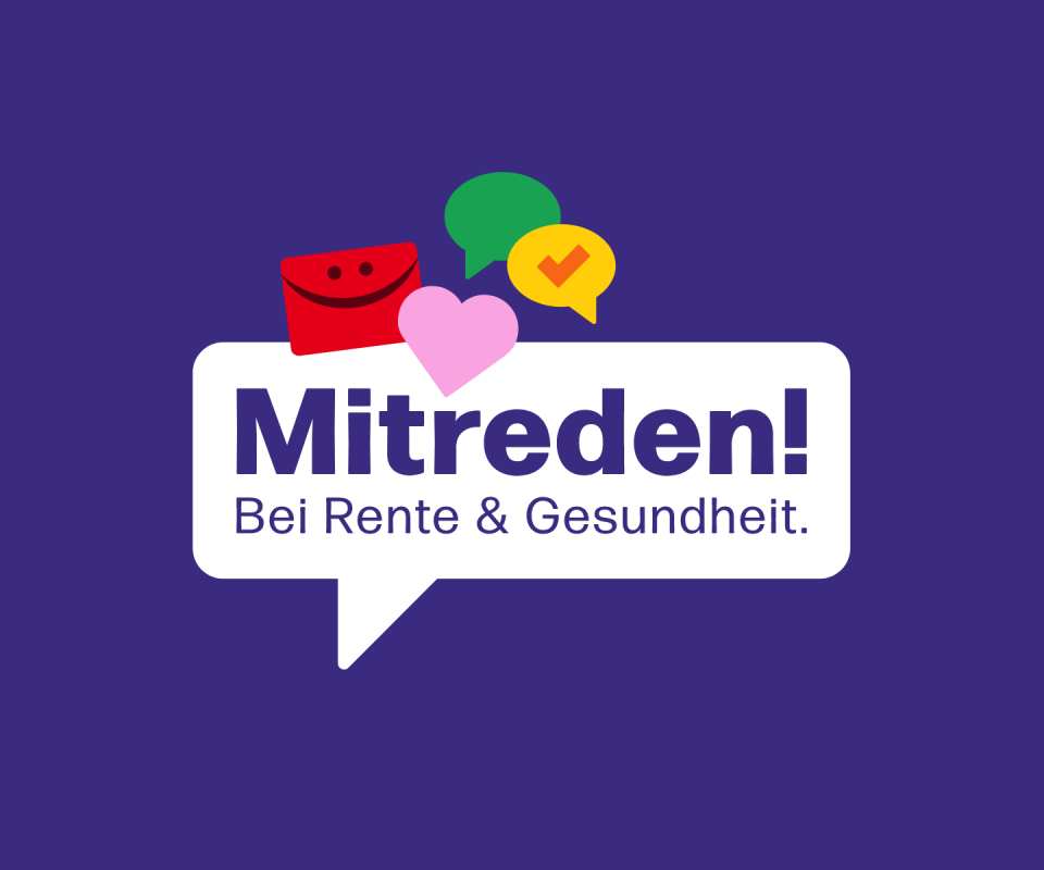 Logo der Informationsinitiative: &bdquo;Mitreden! Bei Rente und Gesundheit&ldquo;: Eine Sprechblase mit dem Namen der Iniative, dar&uuml;ber sind Symbole wie ein Wahlbrief, ein Herz und weitere bunte Sprechblasen abgebildet