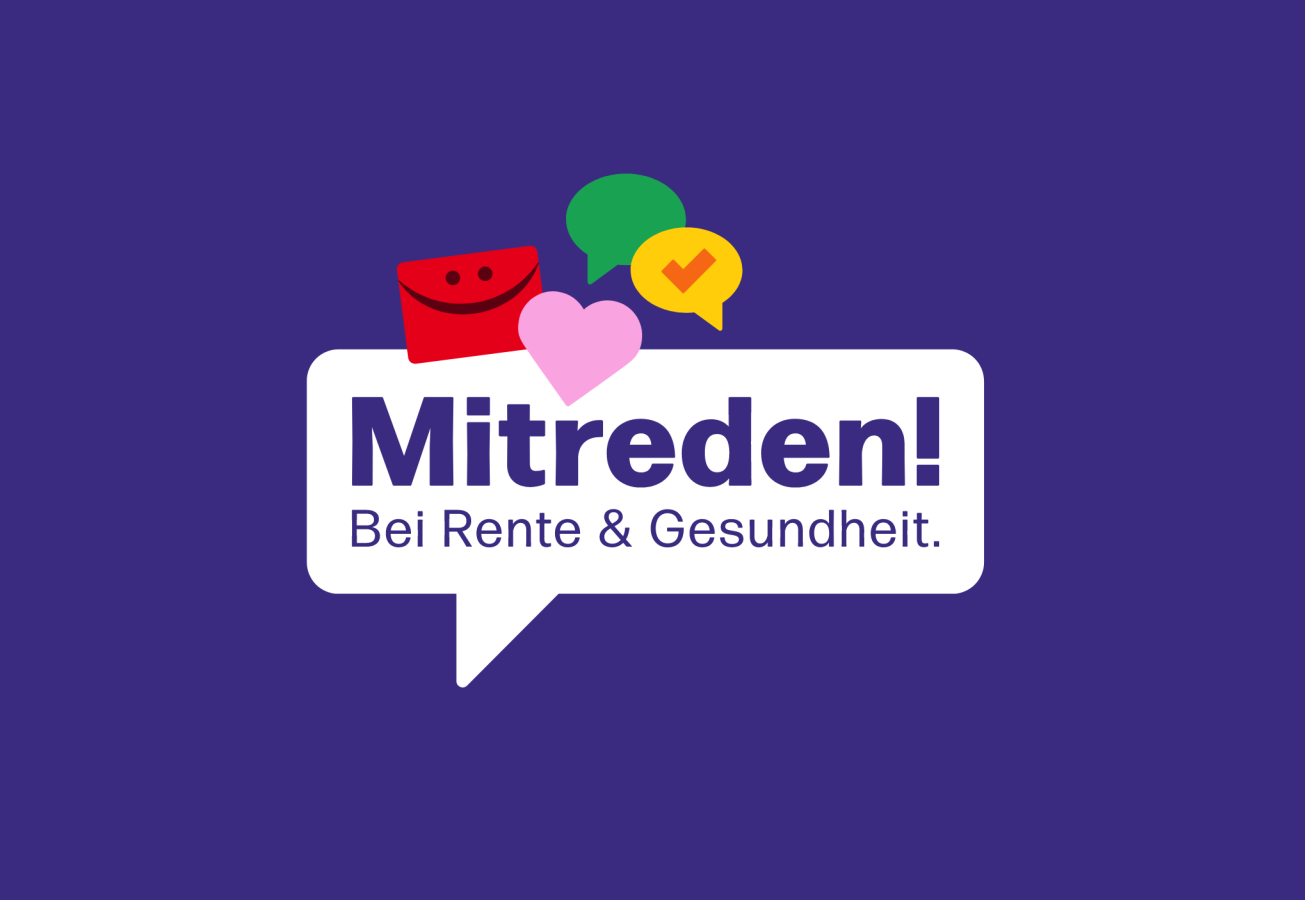 Logo der Informationsinitiative: &bdquo;Mitreden! Bei Rente und Gesundheit&ldquo;: Eine Sprechblase mit dem Namen der Iniative, dar&uuml;ber sind Symbole wie ein Wahlbrief, ein Herz und weitere bunte Sprechblasen abgebildet.