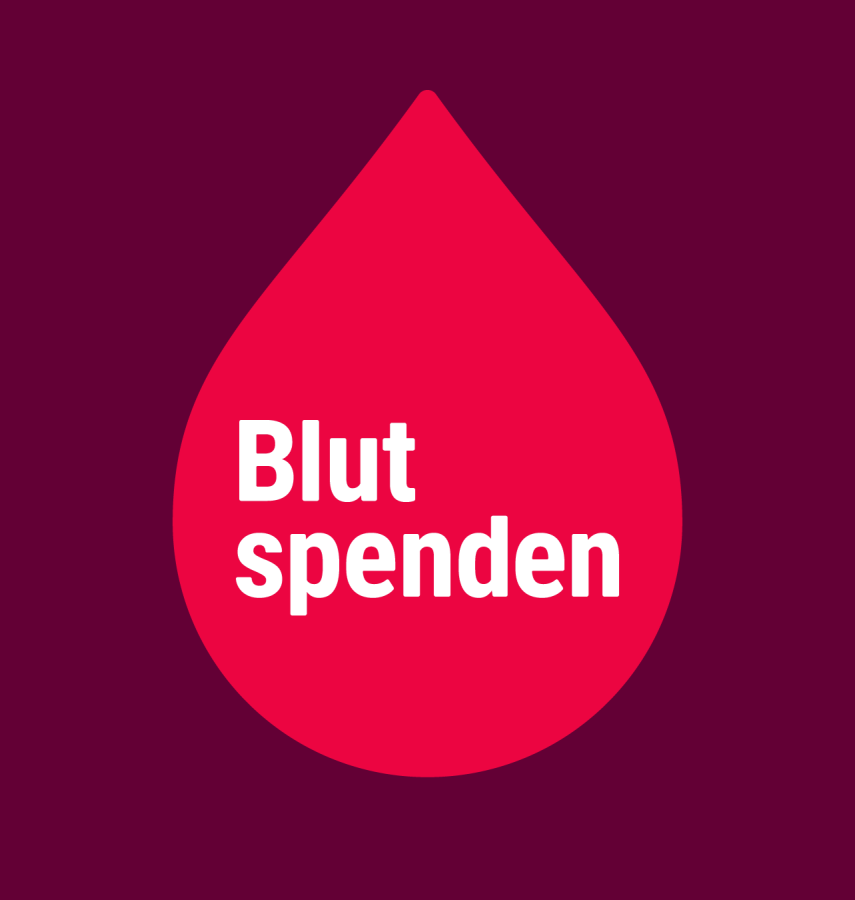 Neues Design der Blutspenden-Kampagne. In der Mitte des Bildes ist ein gro&szlig;er, roter Blutstropfen auf dunkelrotem Hintergrund zu sehen, in dem&bdquo;Blut spenden&ldquo; steht.
