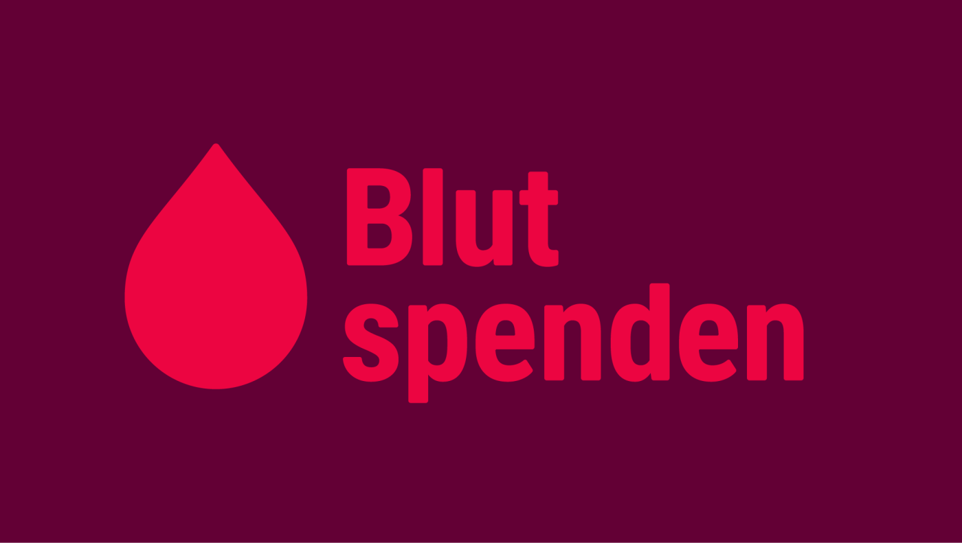 Neues Design der Blutspenden-Kampagne. In der Mitte des Bildes ist ein gro&szlig;er, roter Blutstropfen zu sehen. Daneben steht &bdquo;Blut spenden&ldquo;.