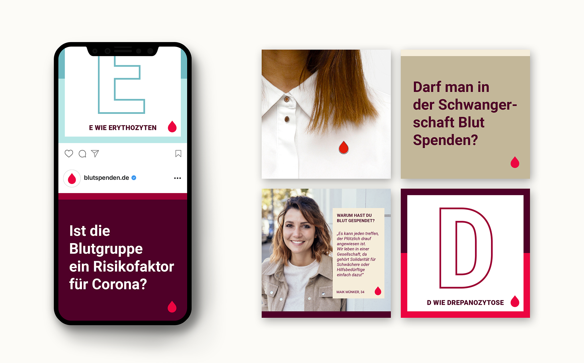Auf der linken Seite ein Smartphone, auf dem Social-Media-Postings der Blutspenden-Kampagne zu sehen sind. Auf der rechten Seite sind vier Kacheln von Social-Media-Beitr&auml;gen zu sehen.