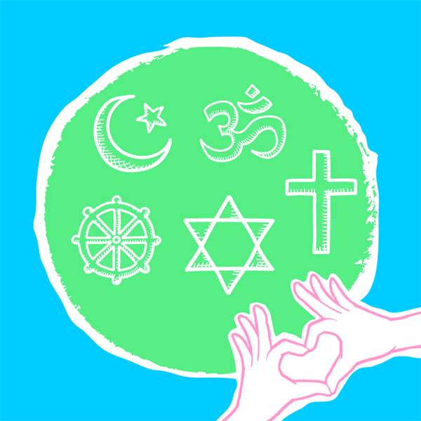 Auf der Illustration ist auf einem blauen Hintergrund ein gr&uuml;ner Kreis zu sehen. Im Kreis sind die Zeichen der Weltreligionen abgebildet. Im rechten Bildrand sind zwei H&auml;nde zu sehen, die ein Herz formen.